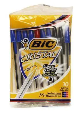 Sty Bic Cristal 10 Pk Pens (Rd, Blu, Blk) 12/Pk 1
