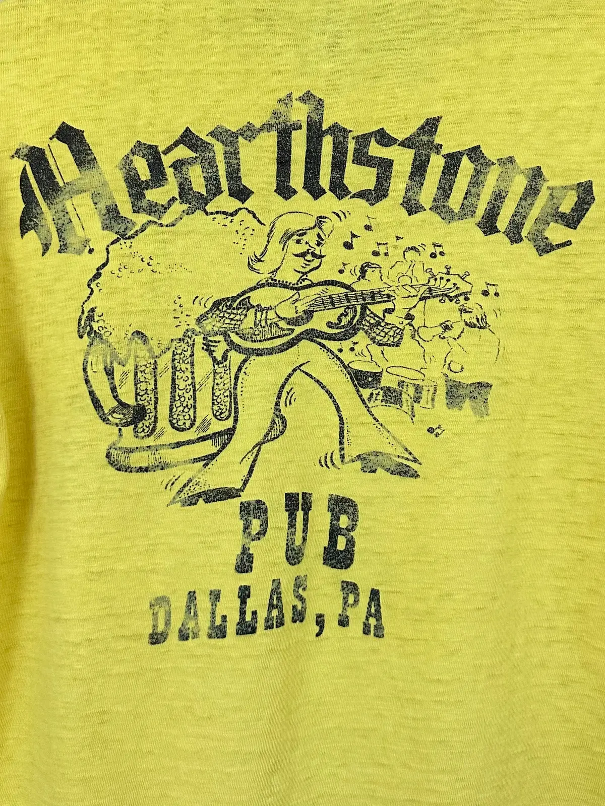 Vintage 70S 1970S Hearthstone Pub Dallas Pa Pennsylvania T-Shirt Rock Concert Music Venue Thrashed Distressed Paper Thin Burnout Faded Yellow Mens Extra Small Xs 17"W 22.5" L 1