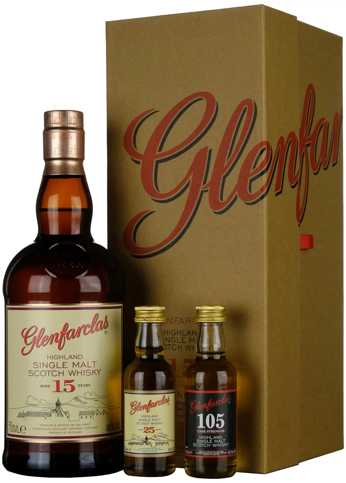 Glenfarclas 15 Year Old Gift Pack Including 25 Year Old & 105 Miniatures 1
