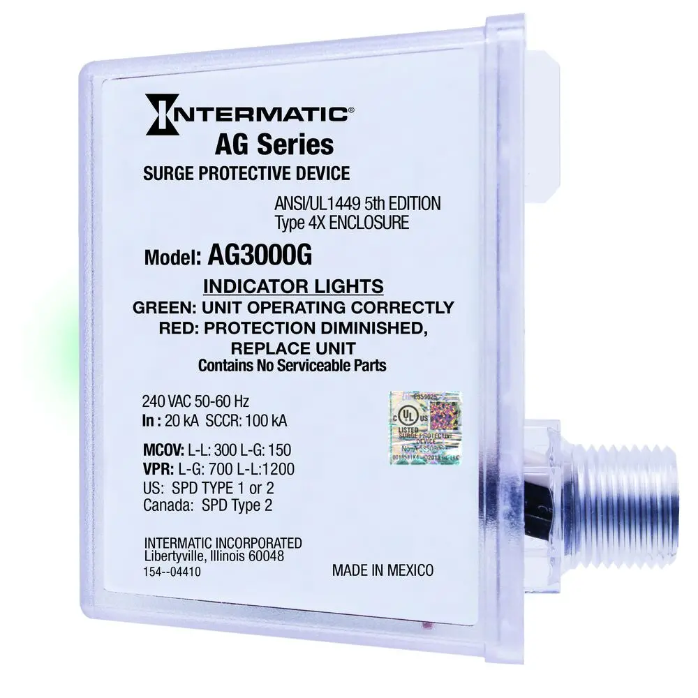 Intermatic Ag3000g - Surge Protective Device, 240 Vac 1Ph W/Green Ground Lead, Type 1 Or Type 2, Outdoor, Connected Equipment Warranty 3Yr $7,500 1