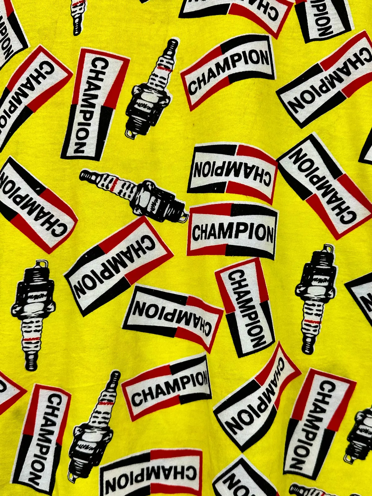 Vintage 70S 1970S Champion Spark Plugs All Over Print T-Shirt Aop Yellow 5050 Mens Medium M 1