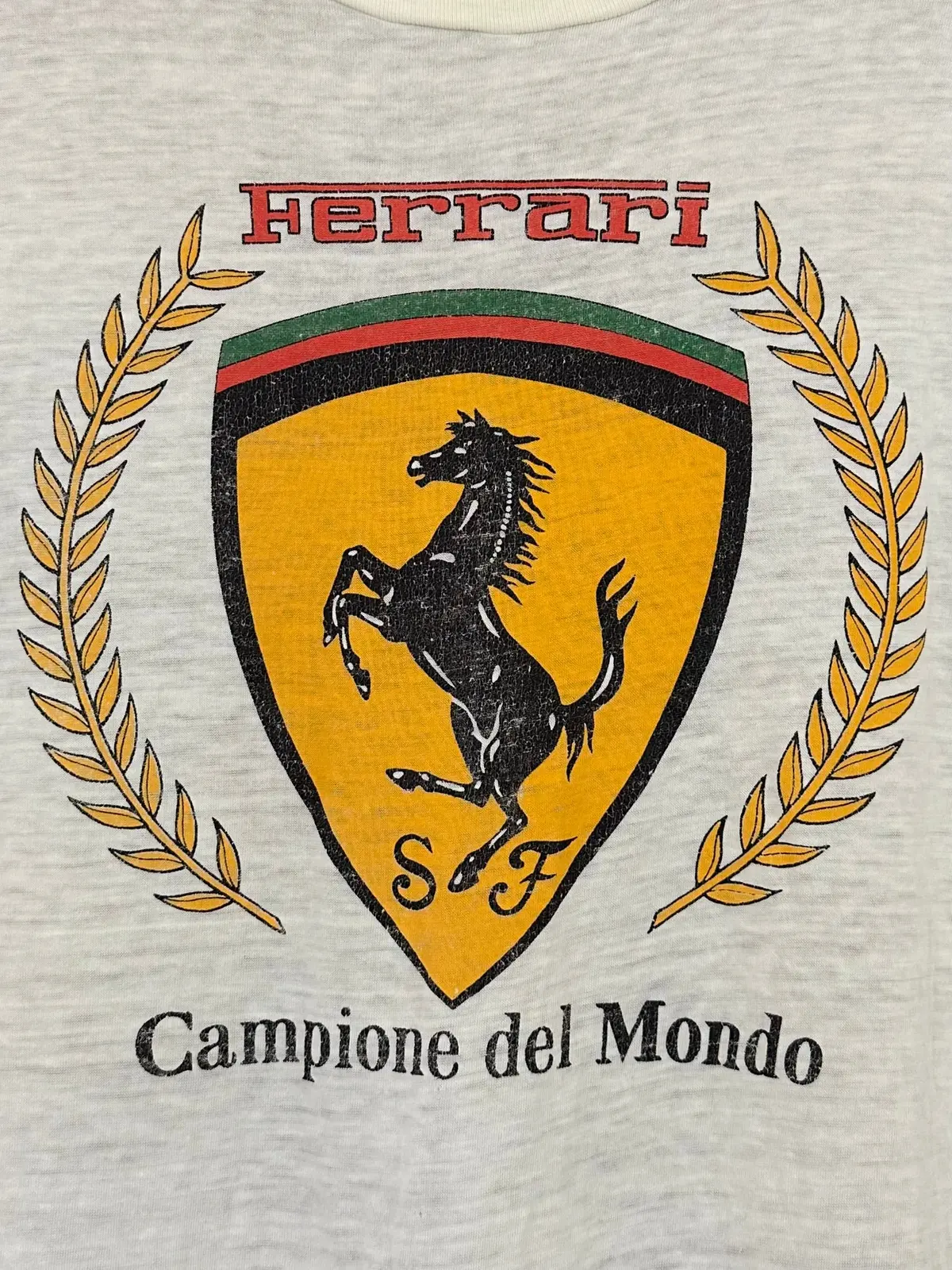 Vintage 80S 1980S Ferrari Campione Del Mondo F1 World Champion T-Shirt Formula One Auto Racing Paper Thin Burnout Pale Yellow Hanes Mens Small S 17.25X25 1