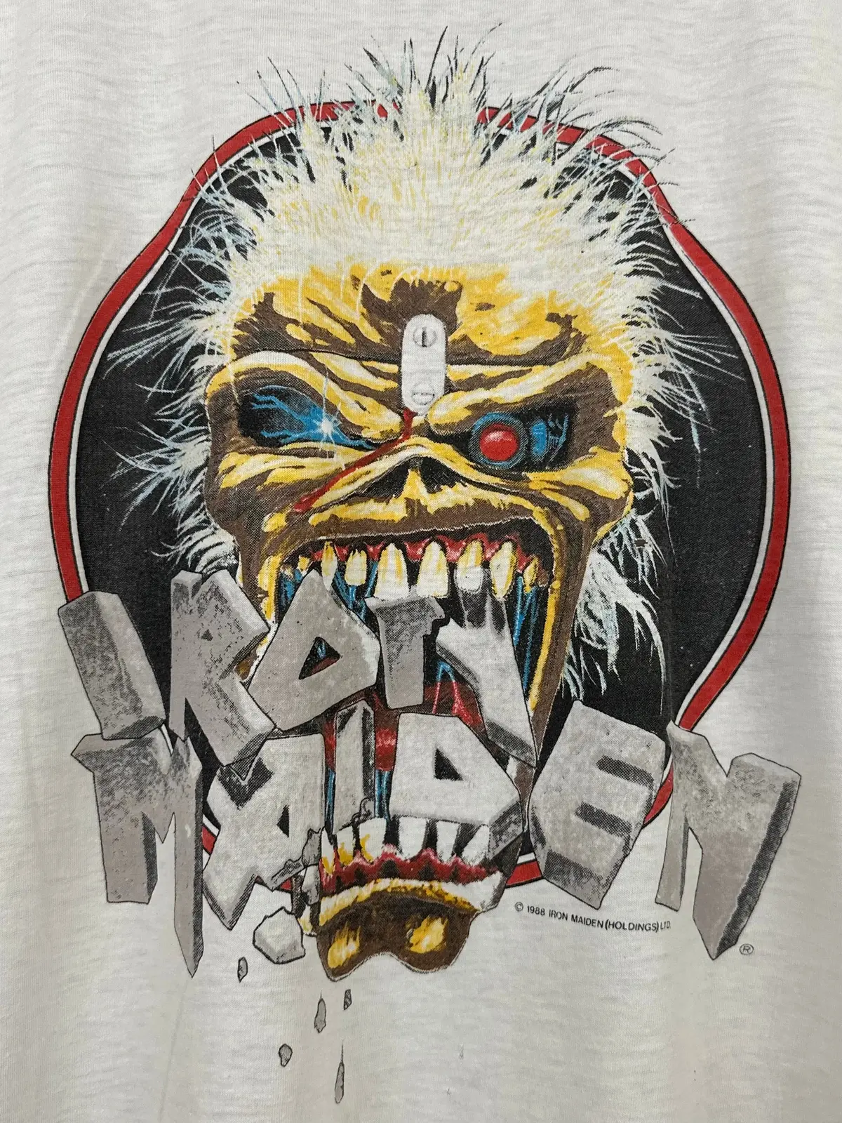 Vintage 80S 1980S 1988 Iron Maiden Seventh Son Of A Seventh Son Heavy Metal Rock Concert Tour Sleeveless T-Shirt Cut-Off Tank Top Thin Soft Faded White America Project Label Mens Medium M 19.25X27 1
