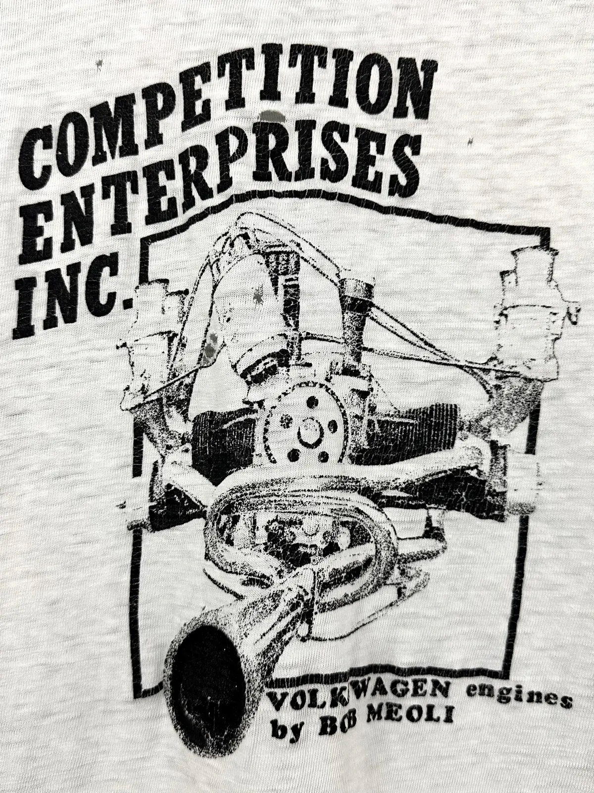 Vintage 70S 1970S Competition Enterprises Inc Volkswagen Vw Engines By Bob Meoli T-Shirt Custom Automotive Auto Racing Car Mechanic Speed Shop Distressed Paper Thin White Healthknit Pak-Knit Mens Medium M 17.25X29.5 1
