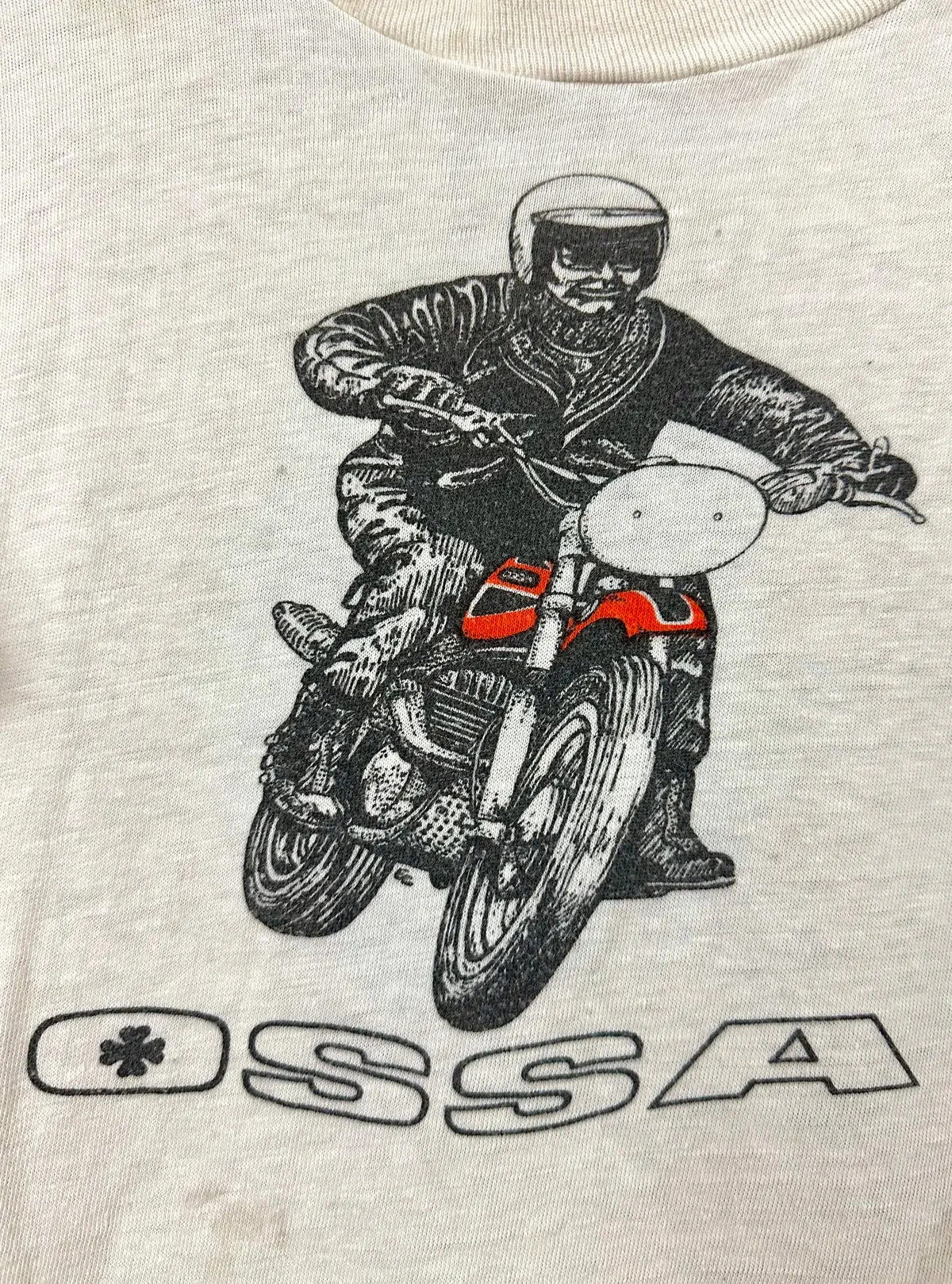 Vintage 70S 1970S Ossa Motorcycles Dealer T-Shirt Four Seasons Cycle Center Inc Birmingham Alabama Husqvarna Penton Hodaka White Sportswear Label Mens Extra Small Xs 17.25X21 1