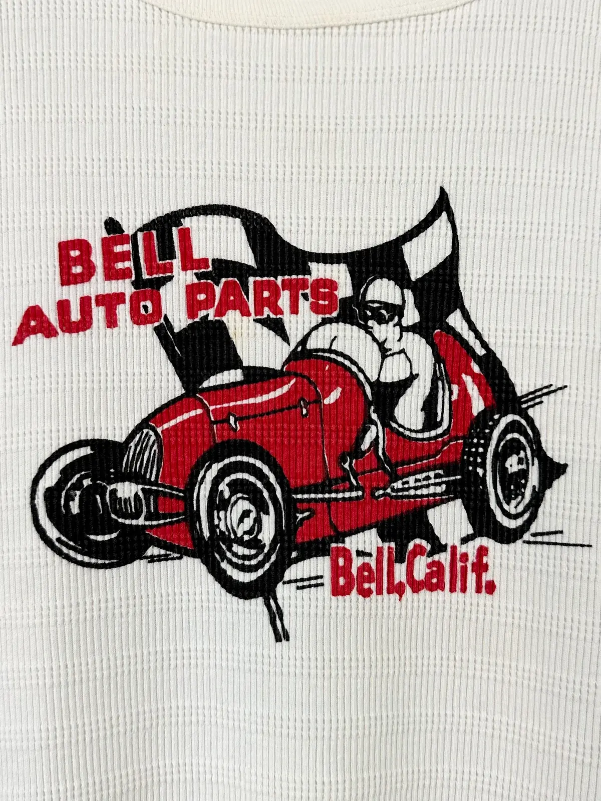 Vintage 50S 1950S Bell Auto Parts Bell California Ca Waffle Thermal T-Shirt Hot Rod Drag Racing Automotive Pit Crew Auto Mechanic White Mens Small S 19.25W X 26”L 1