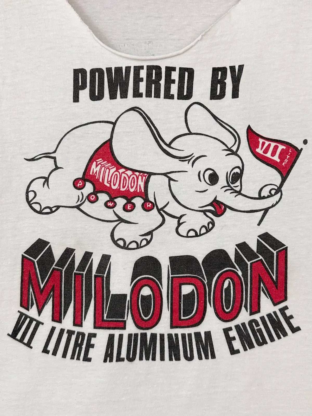 Vintage 70S 1970S Powered By Milodon Vii Litre Aluminum Engine Sleeveless T-Shirt Cut-Off Tank Top Engineering East & West Speed Shop Hot Rod Drag Racing White Mens Extra Small Xs 17.75" W 22.50"L 1