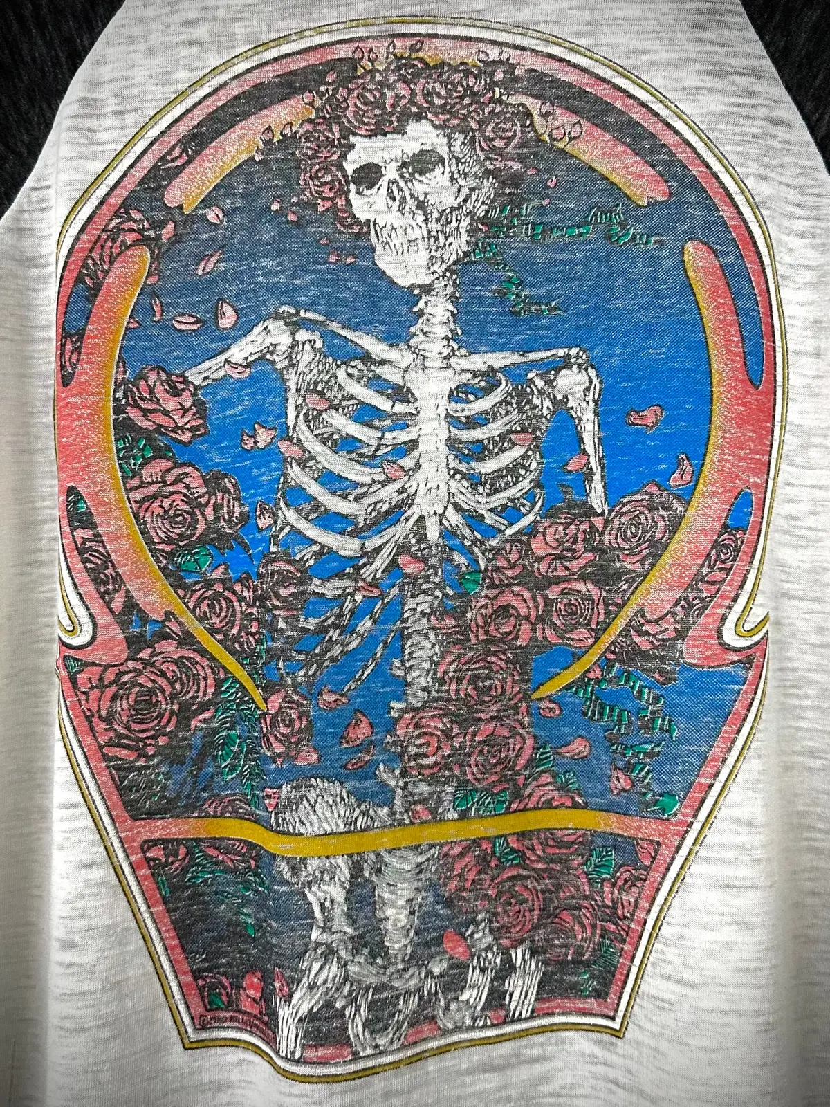 Vintage 80S 1980S 1980 Grateful Dead Rock Concert Tour T-Shirt Raglan Sleeve Jersey Bertha Rose Garden Alton Kelley Stanley Mouse Paper Thin Burnout Mens Medium M 1