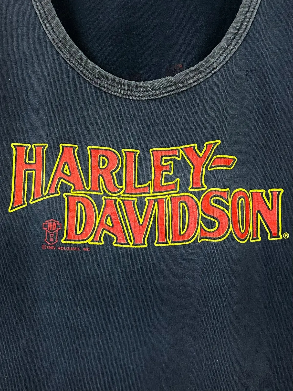 Vintage 80S 1980S 1987 Harley Davidson Motorcycles Made In Usa Eagle Tank Top Sleeveless T-Shirt Pomona Valley Ontario California Dealer Black Holoubek Mens Extra Small Xs 1