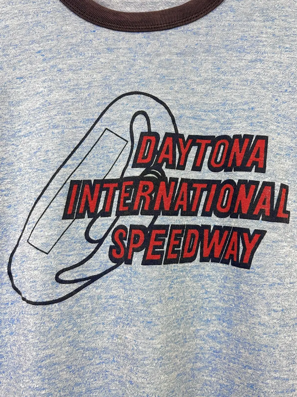 Vintage 80S 1980S Daytona International Speedway Ringer T-Shirt Rayon Blend Heather Blue Sportswear Label Mens Small S 1