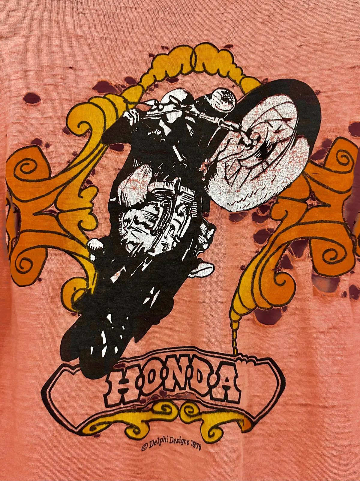 Vintage 70S 1970S 1975 Honda Motorcycles T-Shirt Biker Thrashed Distressed Paper Thin Burnout Salmon Pink Mens L Large 1