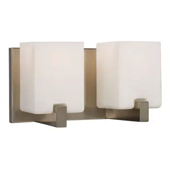 Cubic 2-Light Vanity Light - Brushed Nickel, White Opal Glass Shades, 60W, 11"W X 6-1/4"H, Non-Dimmable - Stylish And Modern Lighting For Bathrooms, Not Energy Star Rated, Uses A15 Bulbs. 1
