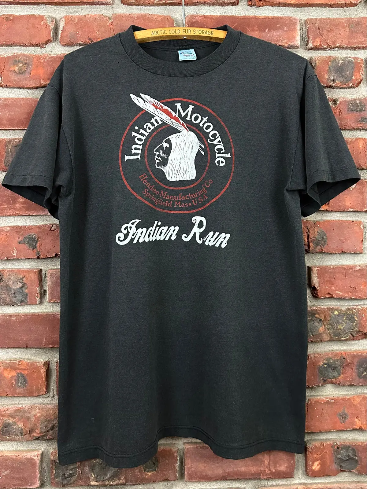 Vintage 80S 1980S Indian Motorcycles T-Shirt Indian Run Biker Rally Faded Black Stedman Label Mens Medium M 21X28 2