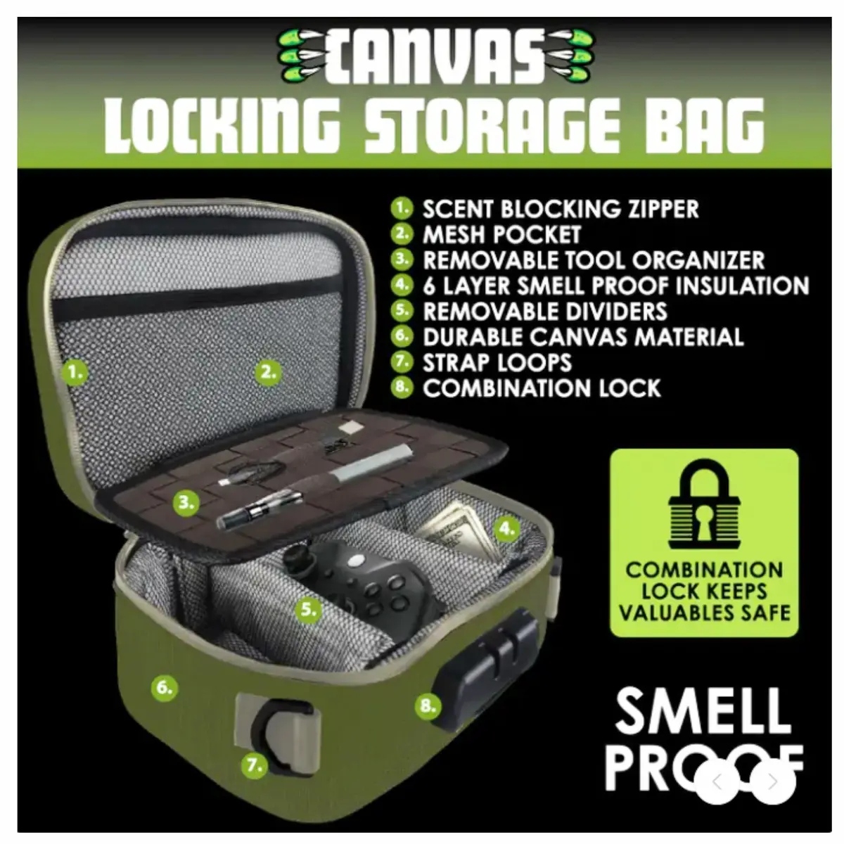 Nov Canvas Smell Proof Lock Bag W/ Tool Ogganizer - 4/Disp (23318) - New 1