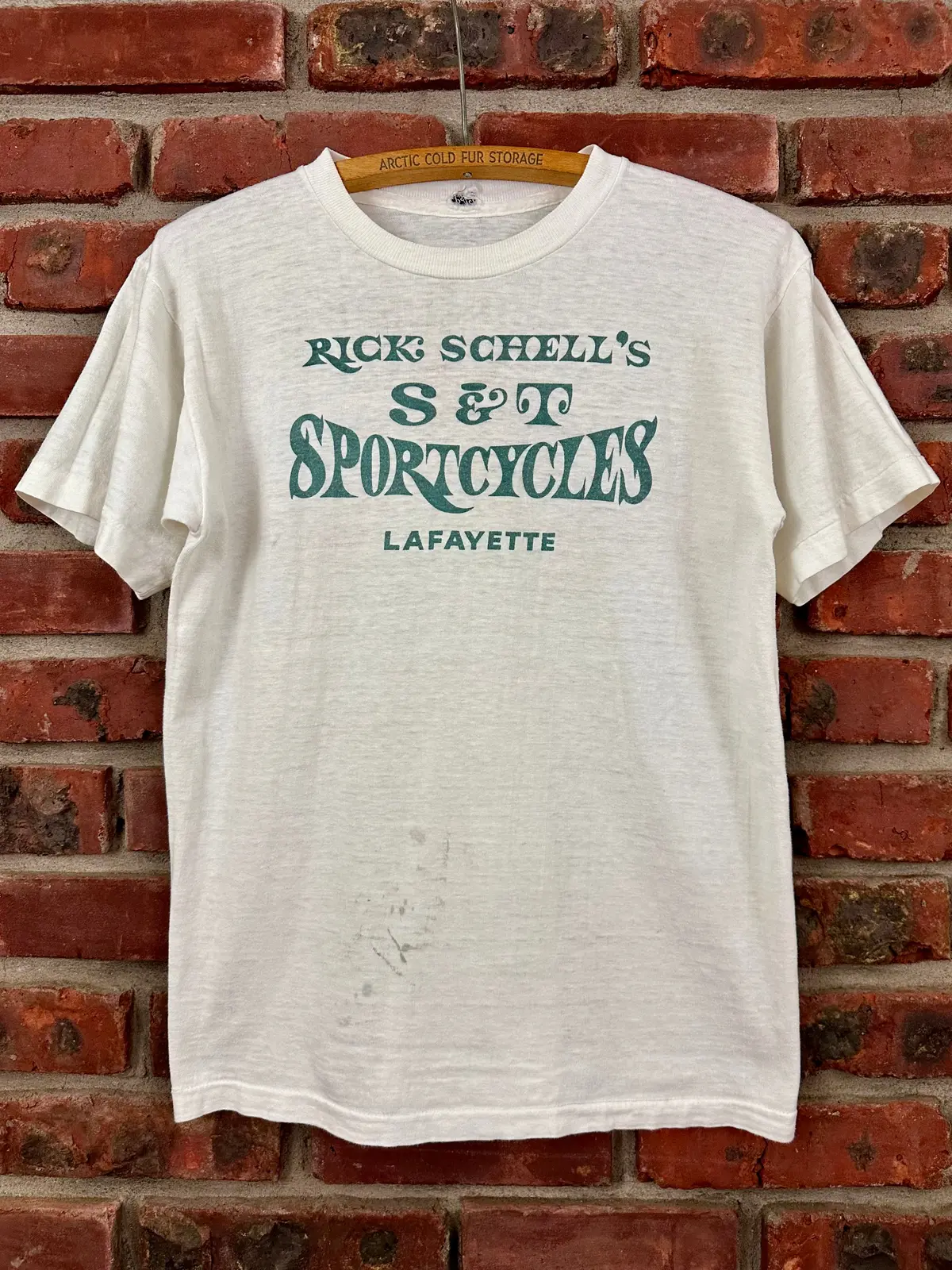 Vintage 60S 1960S Rick Schell's S&T Sportcycles Suzuki Motorcycle Dealer T-Shirt Lafayette California White Pad Label Mens Small S 18X24.25 2