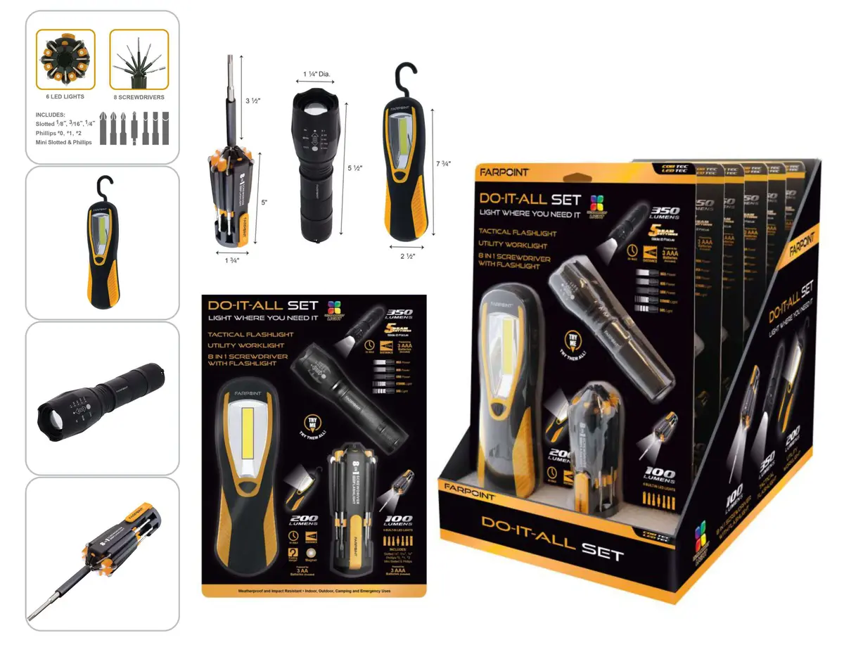 Flt Do It All Set Worklight,F/Light,8 In 1 Led S/Driver 6Aaa & 3Aa 1