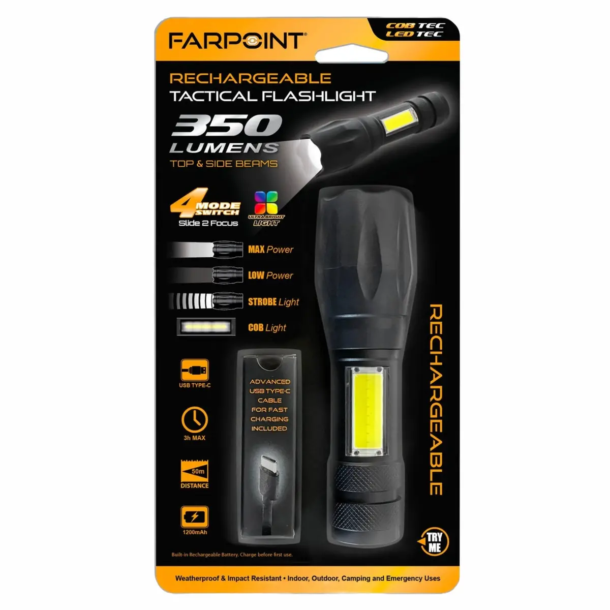 Flt 350Lm  Cob & Led Tactical  Rechargeable W/ Usb - New 1