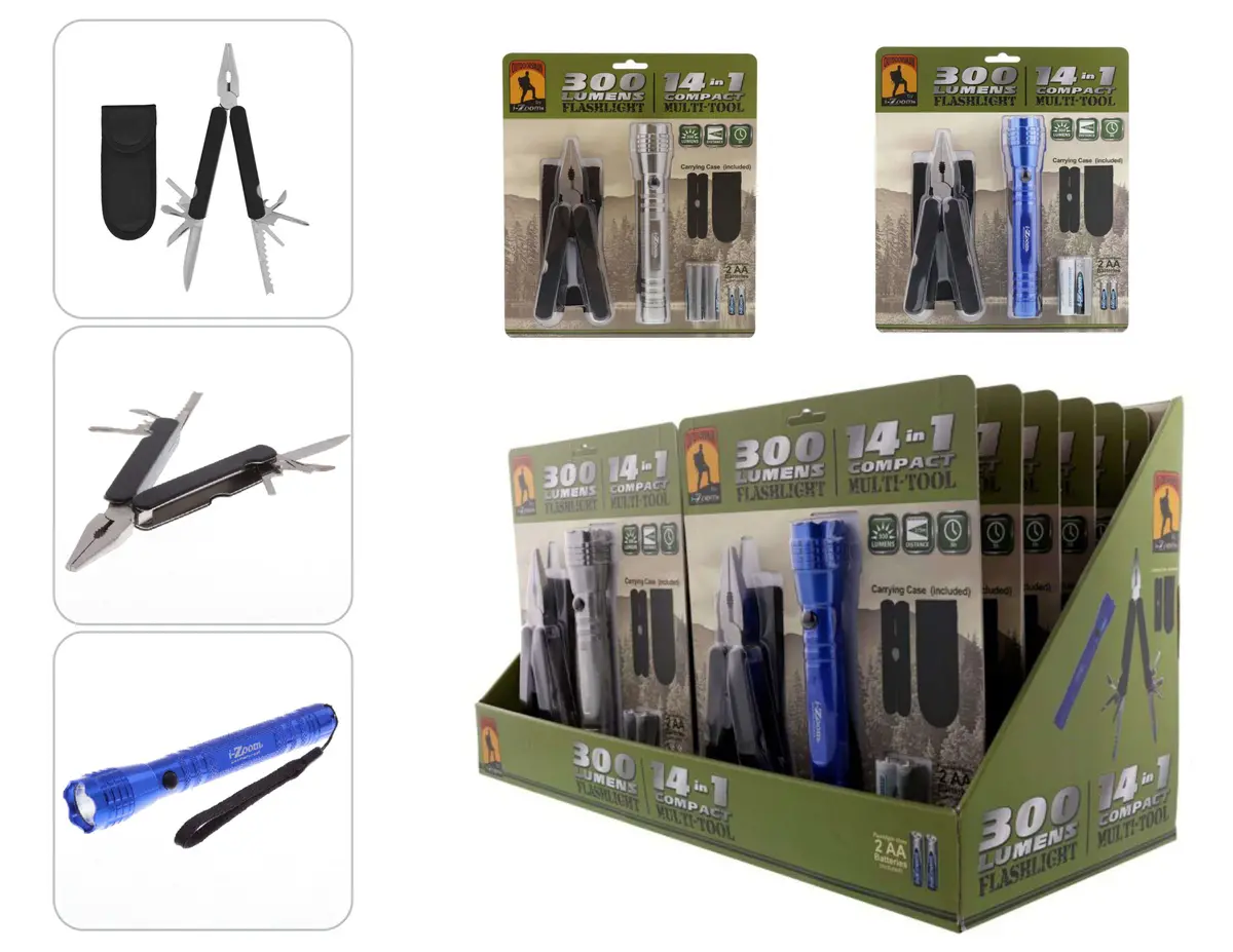 Tk 300Lm F/Light & 14 In 1 Multitool W/Case & 2Aa Battery 12/Disp 1