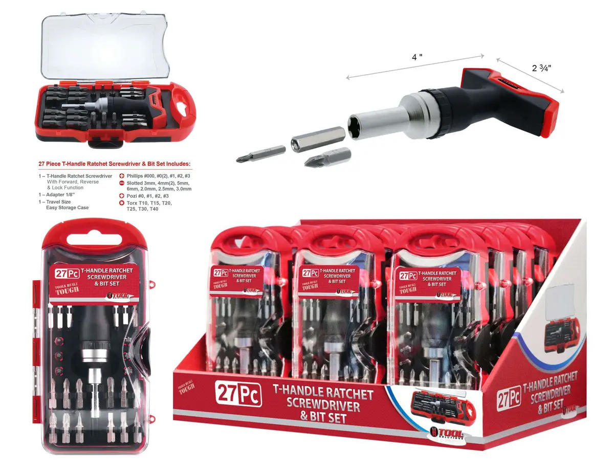 Tk 27Pc T-Handle Ratchet Screwdriver & Bit Set 12Sets/Disp 1