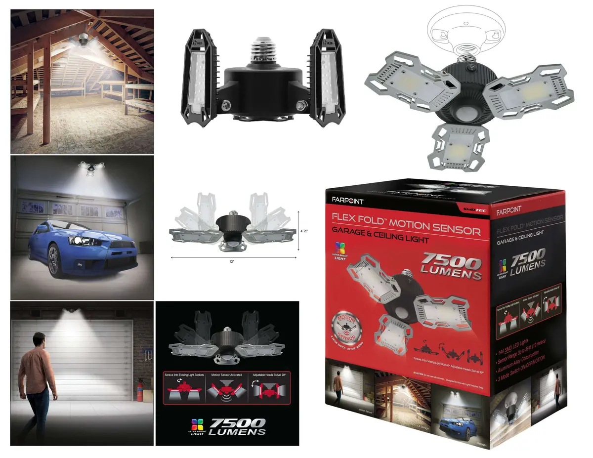 Flt 7500Lm/70W Flexfold Motion Sensor Garage Light -144Sd 1