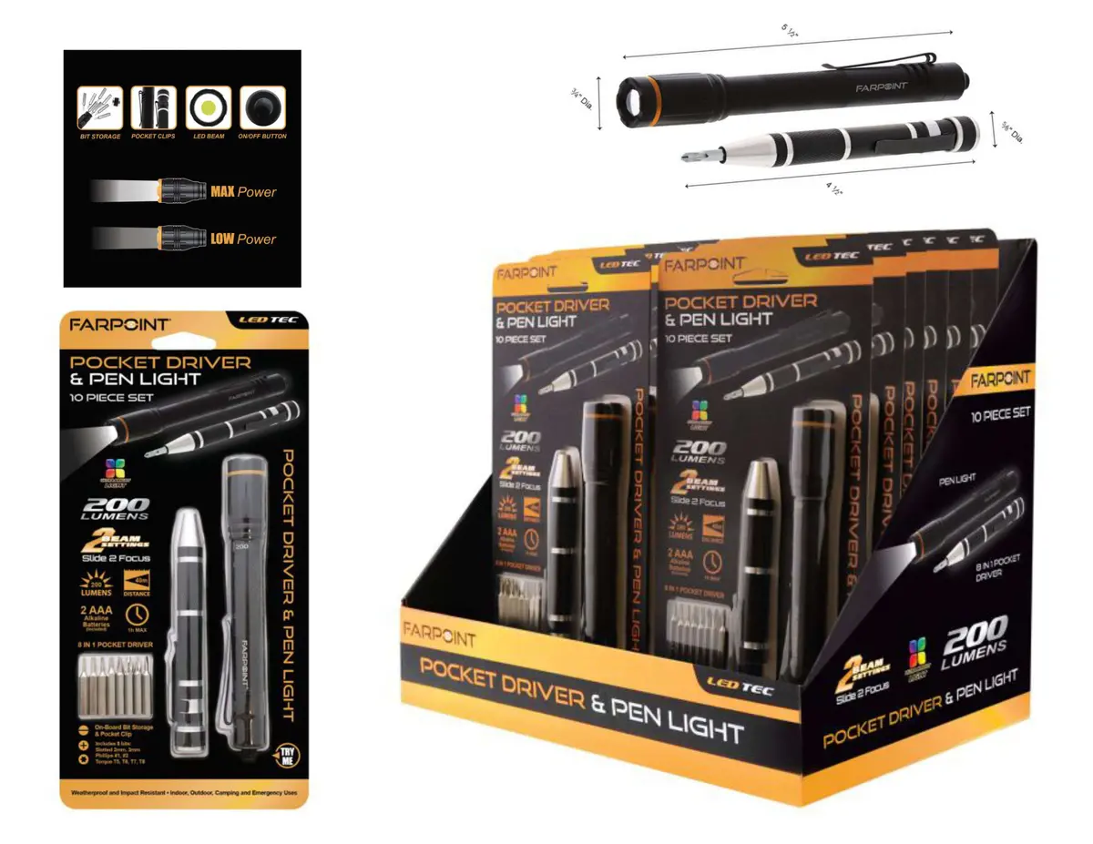 Tk 10Pc Pocket Driver & Pen Light W/2Aaa & 8 Bits 12Sets/Disp 1