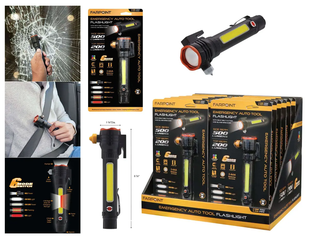 Flt Cob/Red/Emergency Light 200Lm F/Light/500Lm W/3Aaa 12/Disp 1
