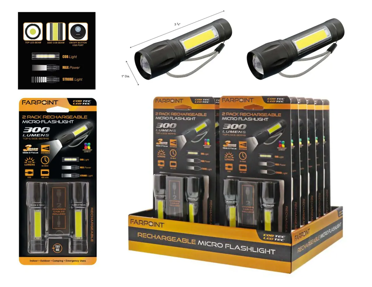 Flt Cob 300Lm Flashlight 3 Mode Micro Rechargeable 2Pk 1