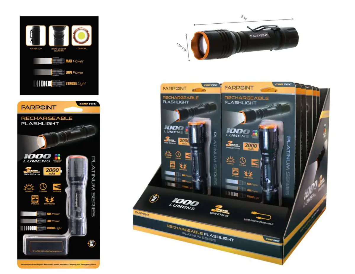 Flt Cob 1000Lm Rechargeable Flashlight W/Usb Input 12/Disp 1