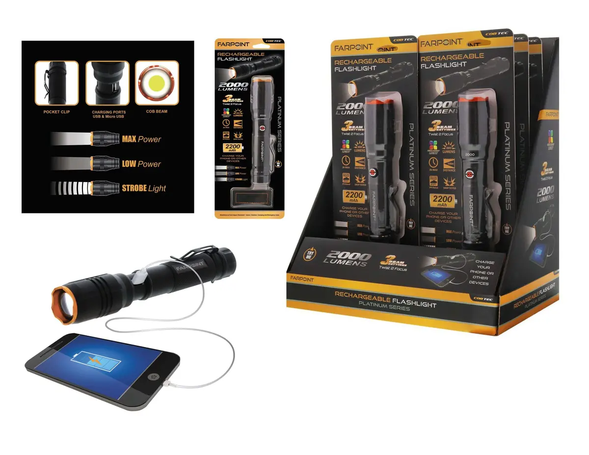 Flt Cob 2000Lm Rechargeable Flashlight W/Usb 6/Disp 1
