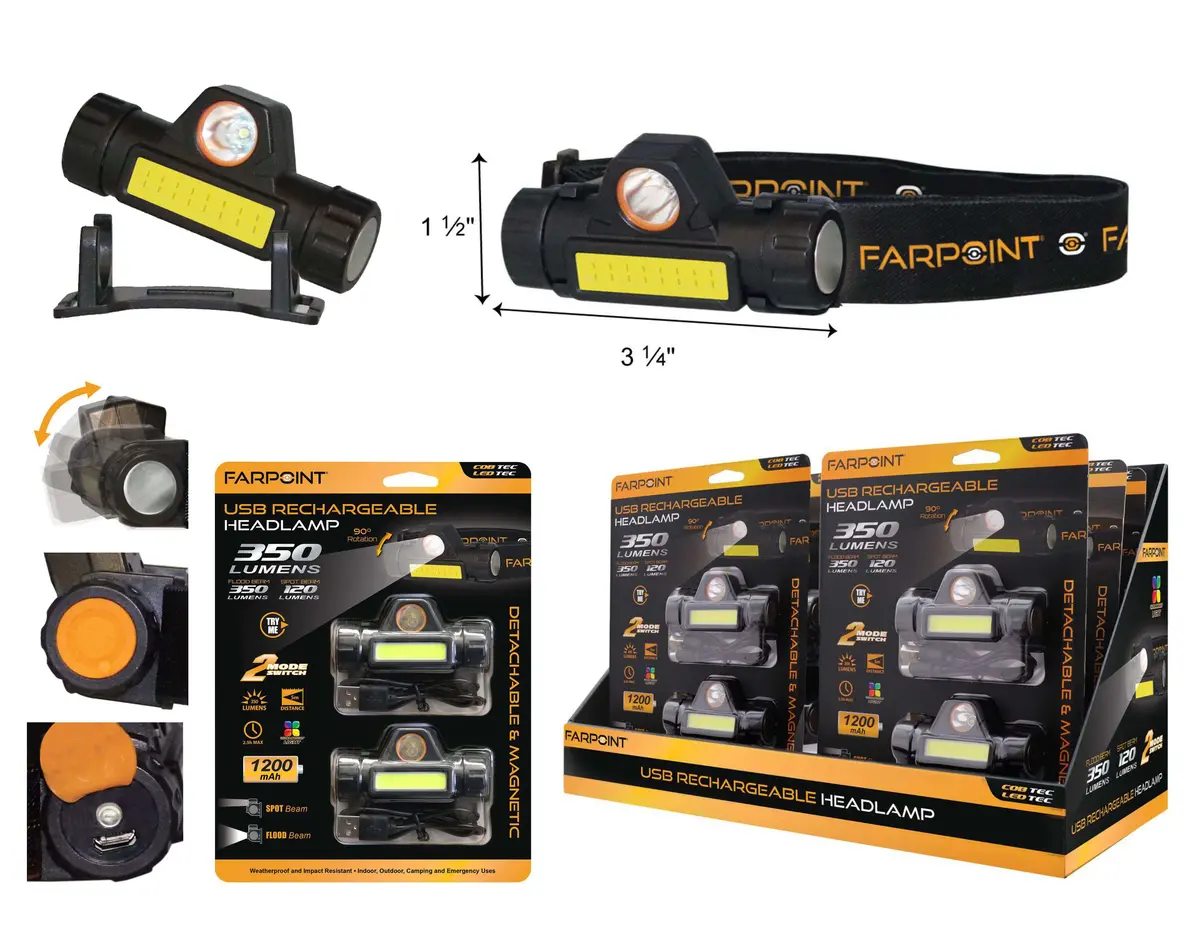 Flt 2Pk Rechargeable Headlamp 350Lm/120Lm 6Sets/Disp 1