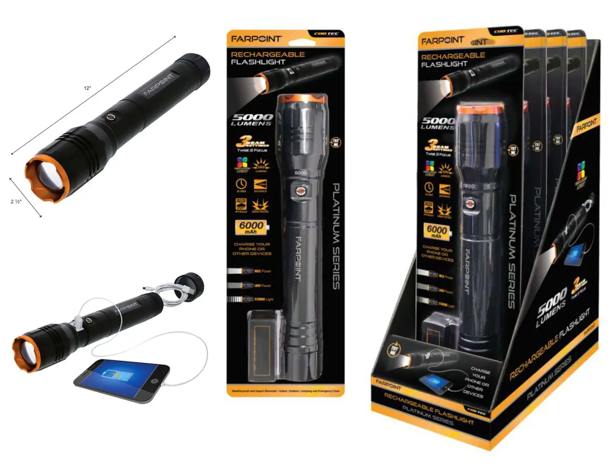 Flt Cob 5000Lm Rechargeable Flashlight W/Usb 4/Disp 1