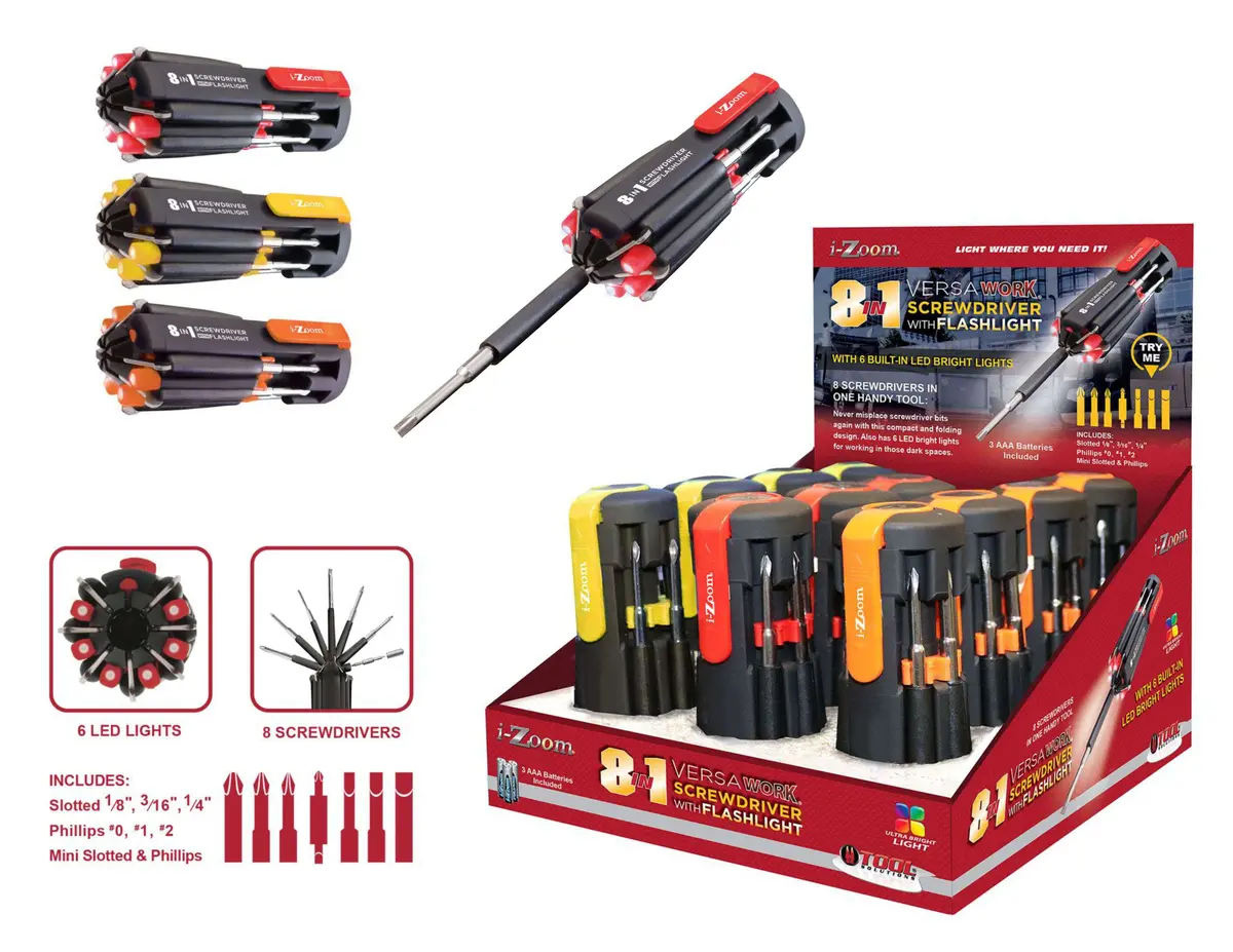 Tk 8 In 1 Multi Function Screwdriver W/Flashligh W/3Aaa 12/Disp 1