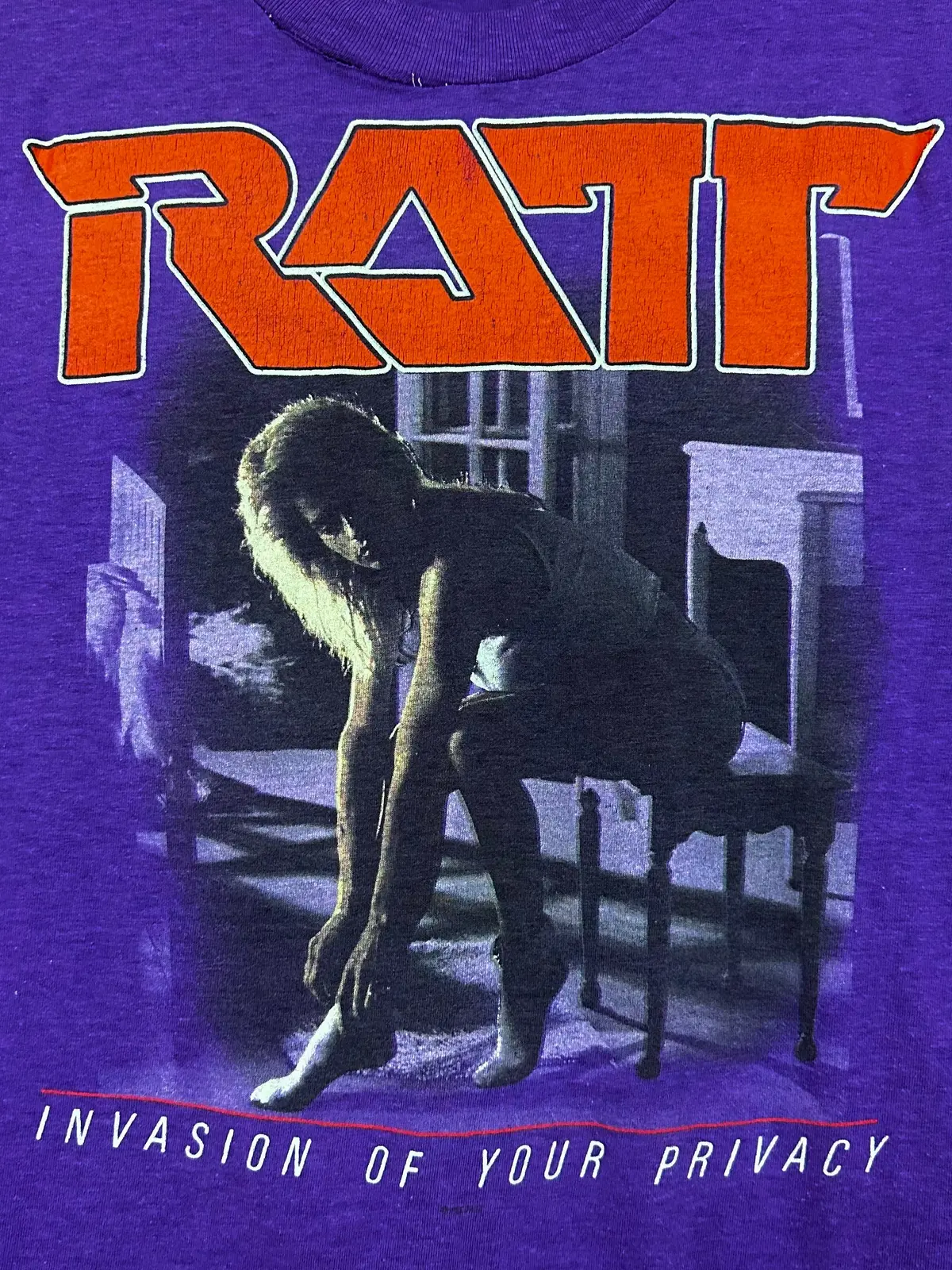 Vintage 80S 1980S 1985 Ratt Invasion Of Your Privacy Rock Concert Tour T Shirt Sleeveless Cut-Off Tank Top Glam Hair Metal Silky Soft Paper Thin Faded Purple Mens Small S***** 1