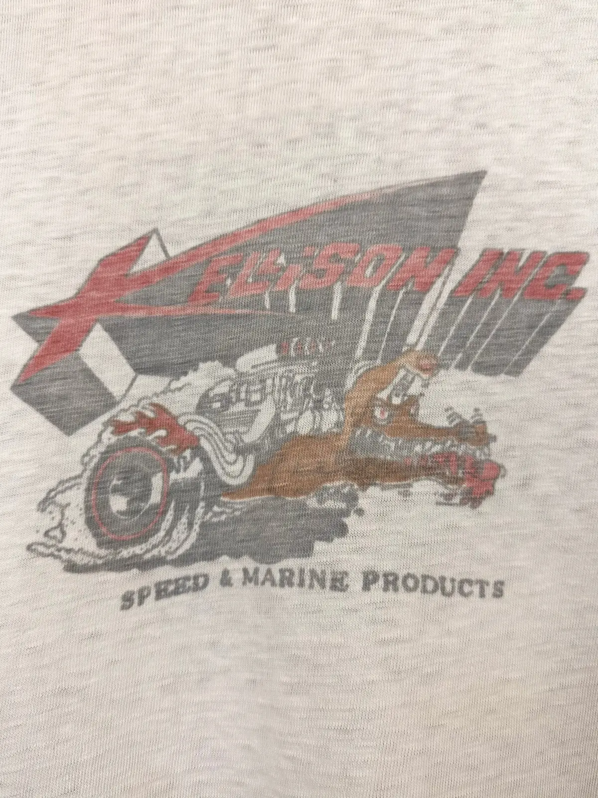 Vintage 60S 1960S Kellison Inc Speed & Marine Products T-Shirt Fiberglass Body Kit Car Hot Rod Drag Racing Speed Shop Mechanic Faded Paper Thin White Hanes Mens Small S 17.25"W 25.25"L 1