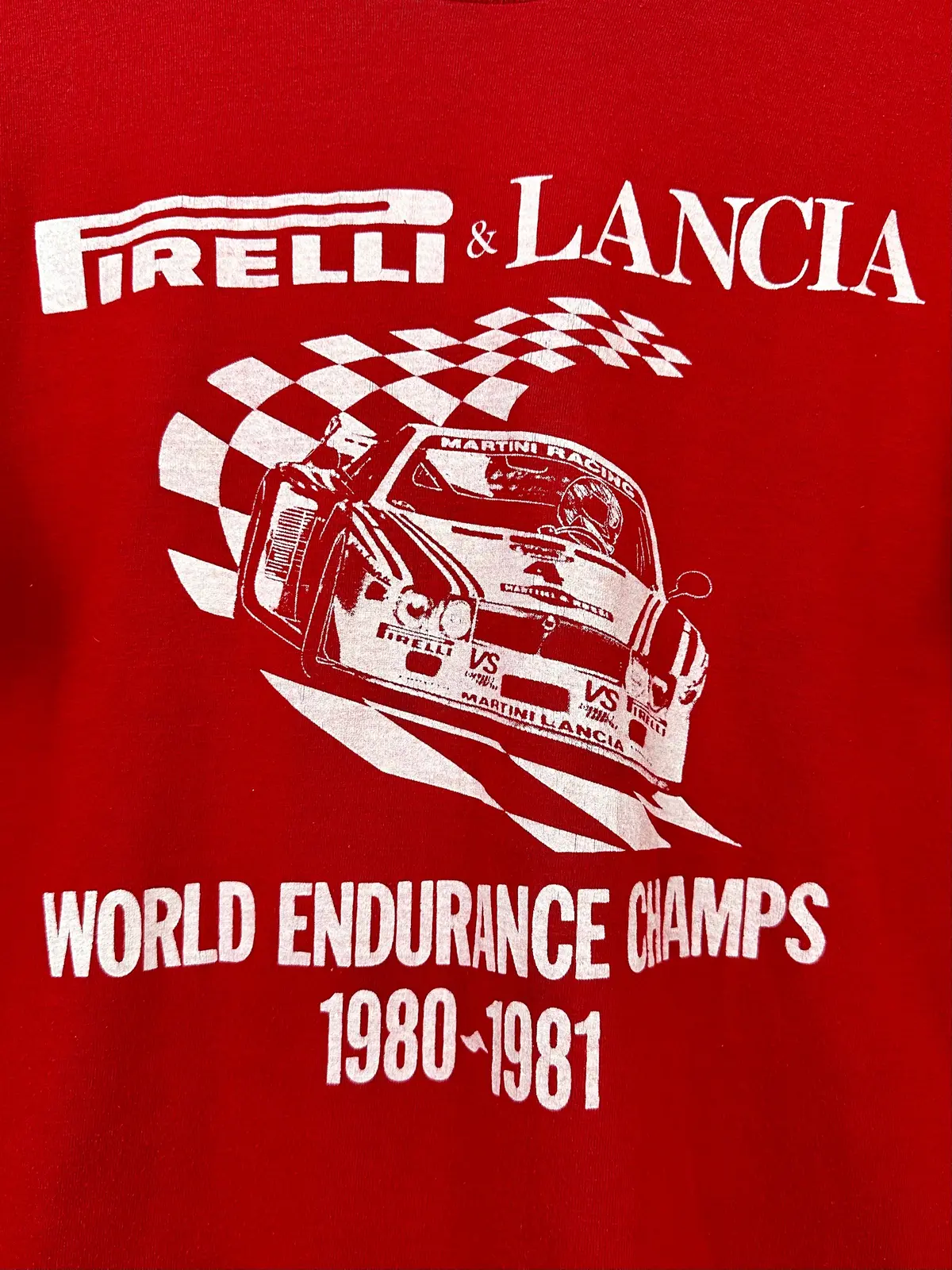 Vintage 80S 1980S 1980-1981 Pirelli & Lancia World Endurance Champs T-Shirt Auto Racing Red Mens Large L 20.25X28 1