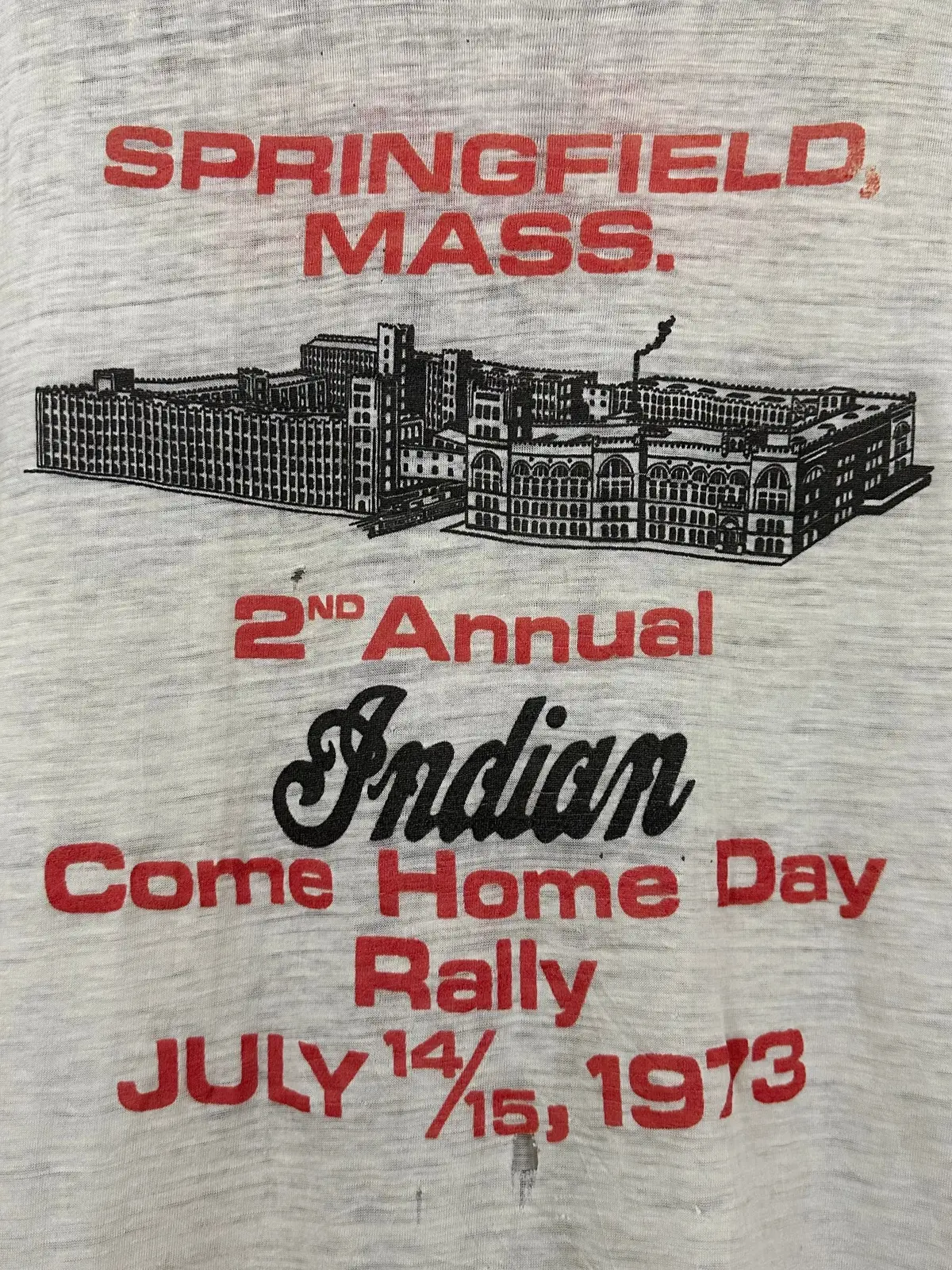 Vintage 70S 1970S 1973 Indian Motorcycles 2Nd Annual Come Home Rally T-Shirt Chuck Myles Sloansville New York Dealer Thrashed Distressed Paper Thin Burnout White Mens Large L 19.5X28.5 1