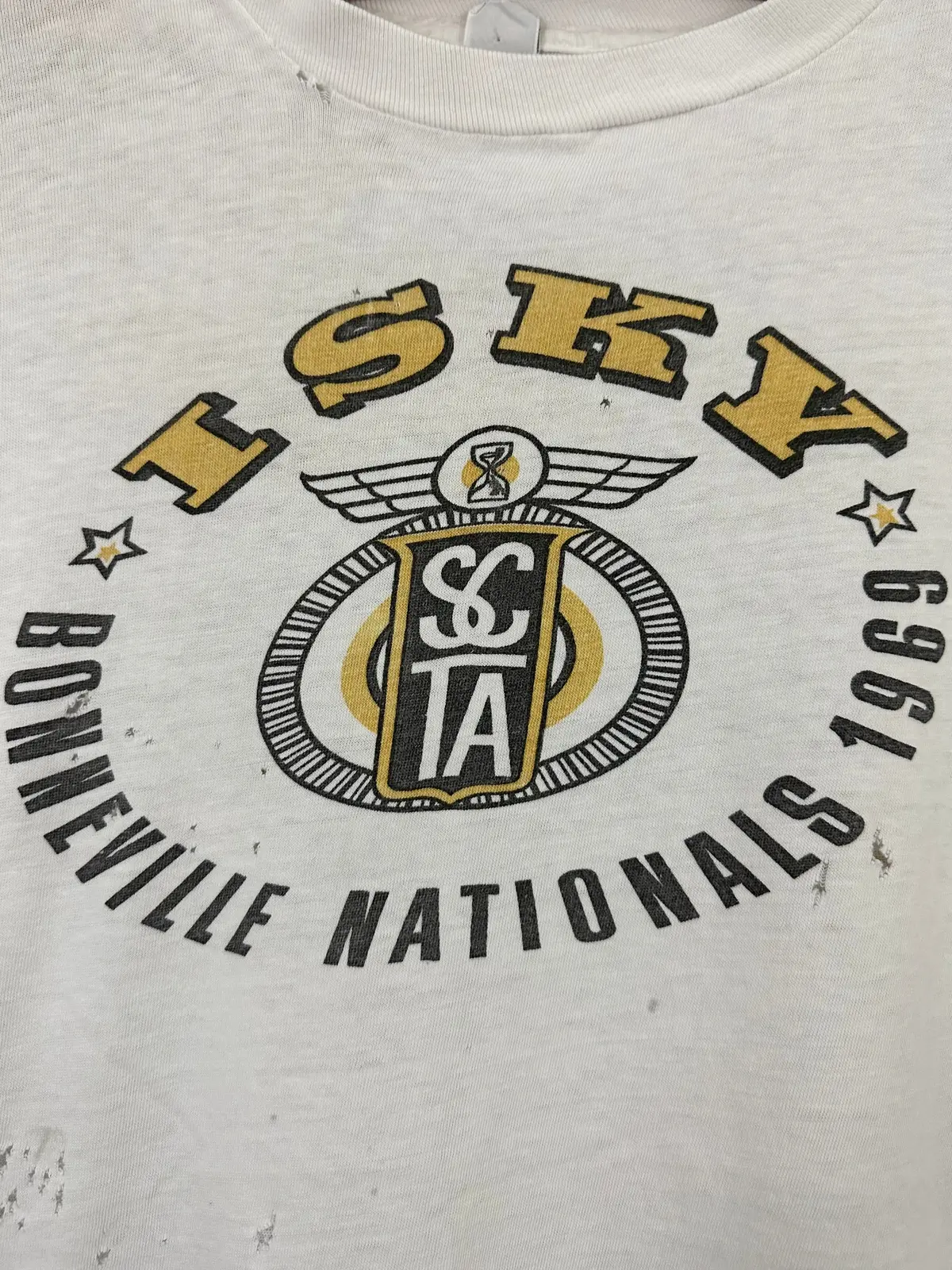 Vintage 60S 1960S 1969 Isky Cams Bonneville Nationals Sponsor T-Shirt Sccta Iskenderian Camshafts Hot Rod Drag Racing Thrashed Distressed White Russell Mens Extra Small Xs 18.5"W 22.5"L 1