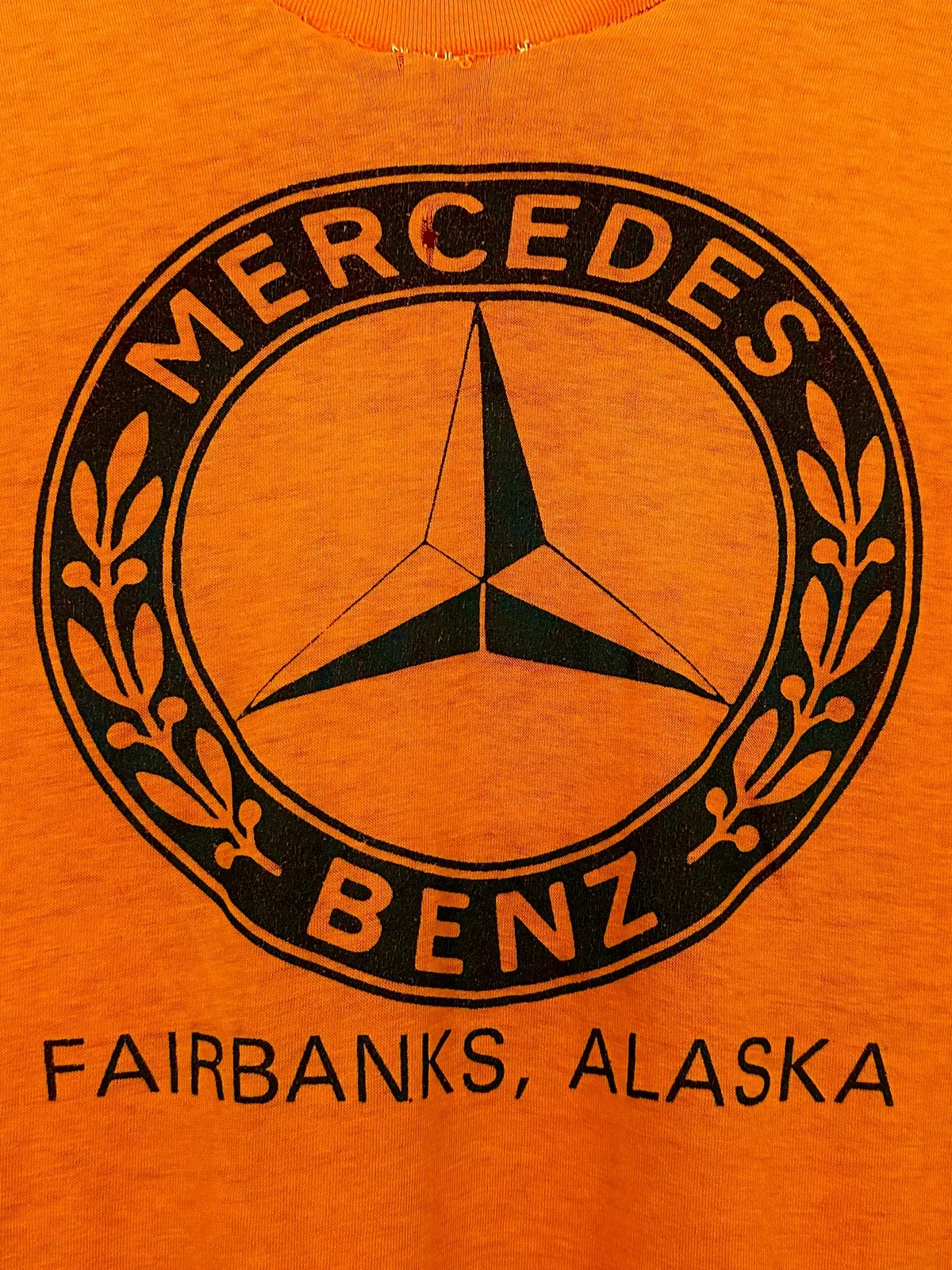 Vintage 70S 1970S Mercedes-Benz Dealer T-Shirt Fairbanks Alaska Ak Thrashed Paper Thin Burnout Faded Orange Mens Extra Small Xs 16.5X25 1
