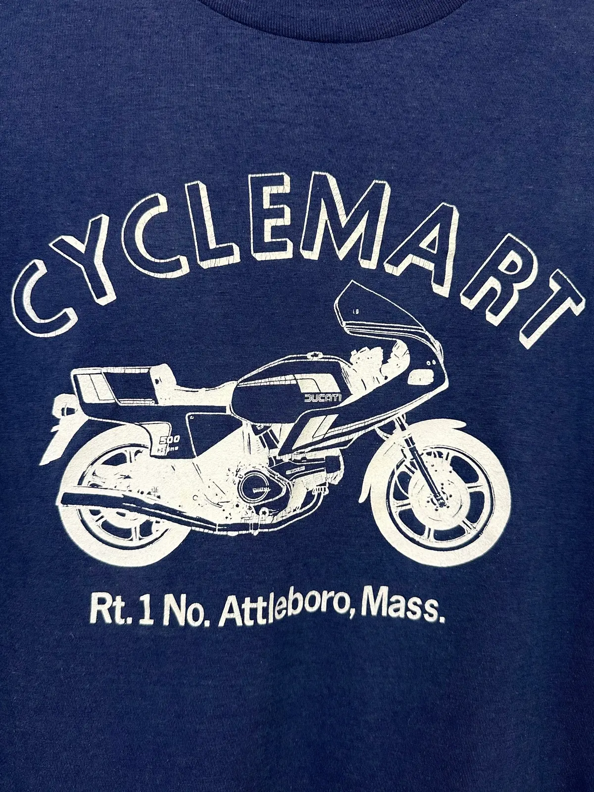 Vintage 80S 1980S Cyclemart Ducati Motorcycle Dealer T-Shirt North Attleboro Massachussetts Blue Hanes Label Mens Small S 17.75X24.75 1