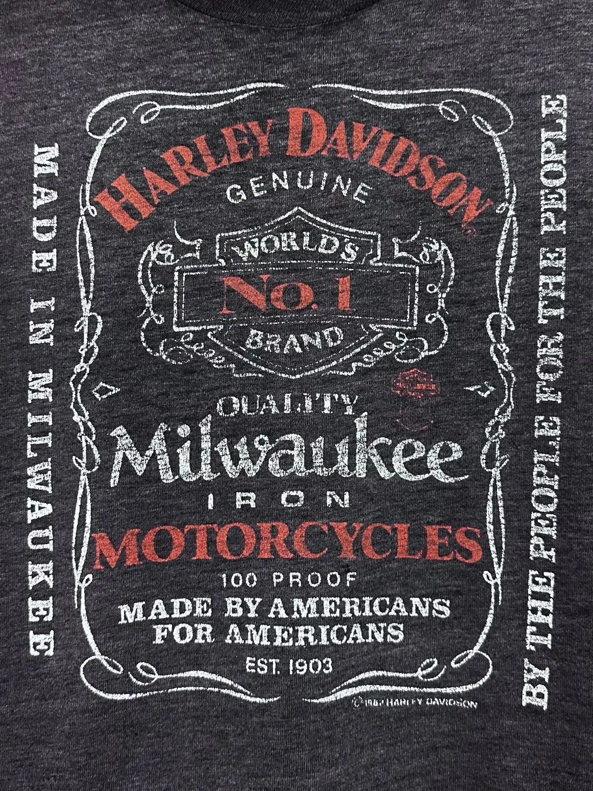 Vintage 80S 1980S 1982 Harley Davidson Motorcycles Milwaukee Iron 100 Proof Whiskey Label Sleeveless Biker T-Shirt Tank Top Paper Thin Burnout Faded Black Sunbelt Sportswear Mens Small S 15.25X23.25 1