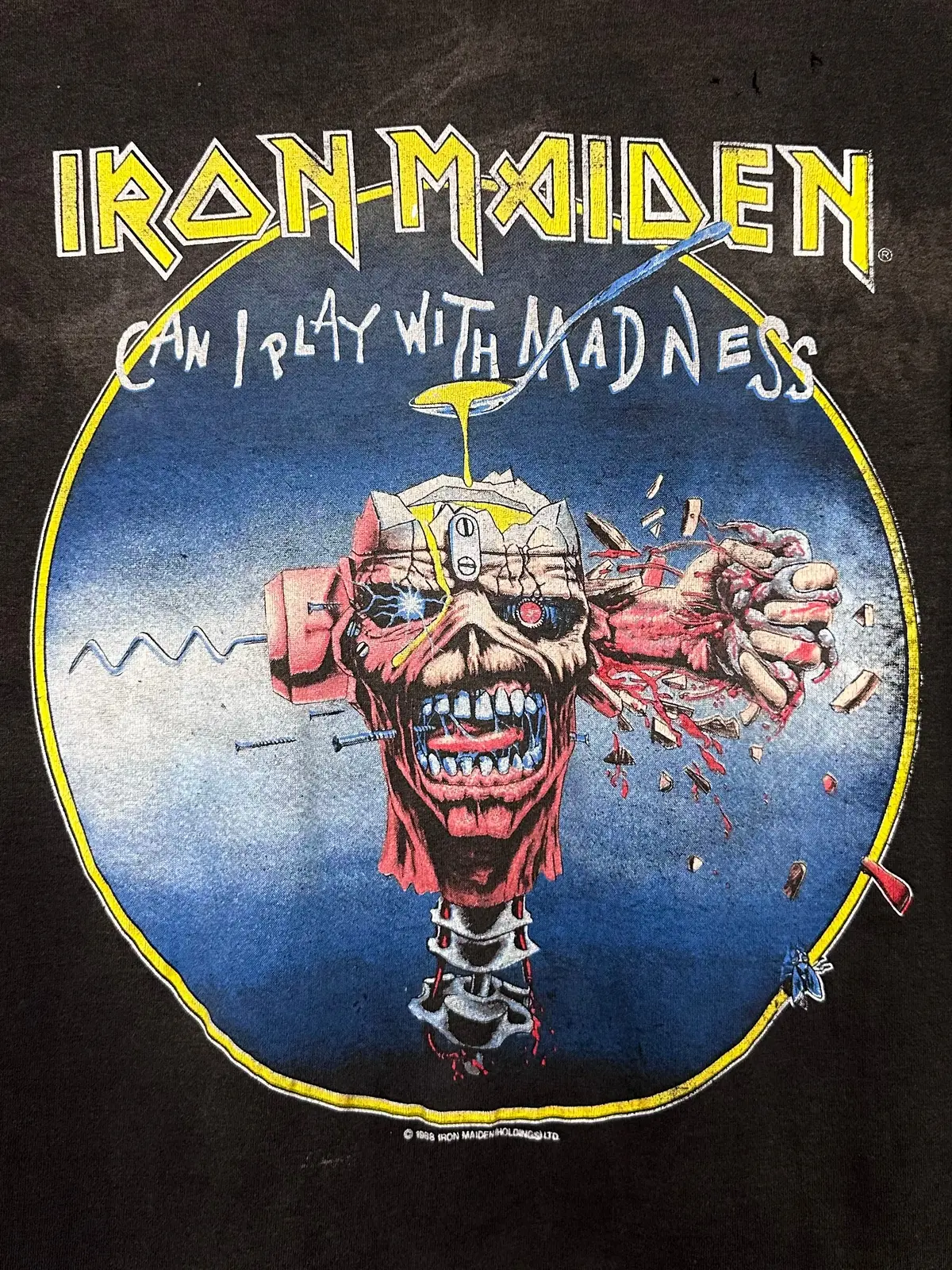 Vintage 80S 1980S 1988 Iron Maiden Can I Play With Madness Heavy Metal Rock Concert Tour T-Shirt Seventh Son Faded Black Spring Ford Label Mens Small S 1