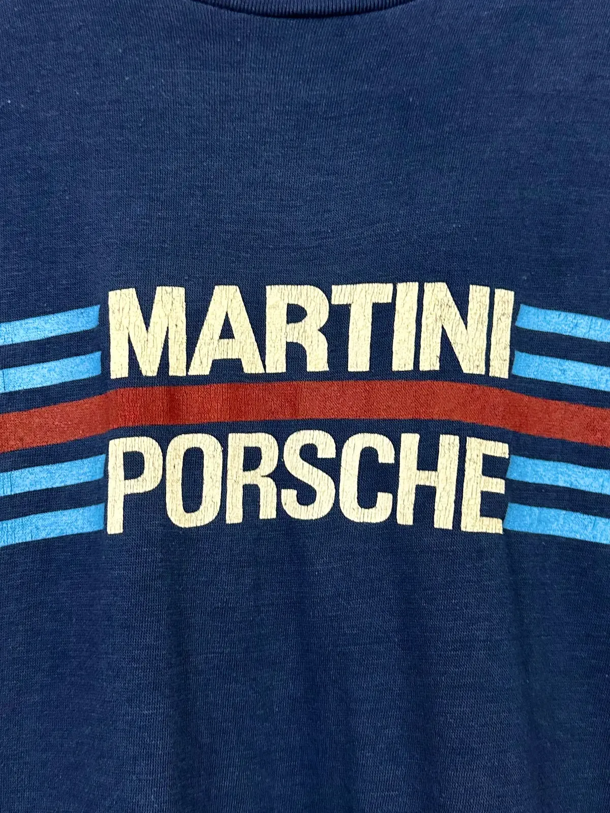 Vintage 70S 1970S Martini Porsche Formula One F1 Le Mans Racing Livery T-Shirt Faded Navy Blue Sportswear Label Mens M Medium 1
