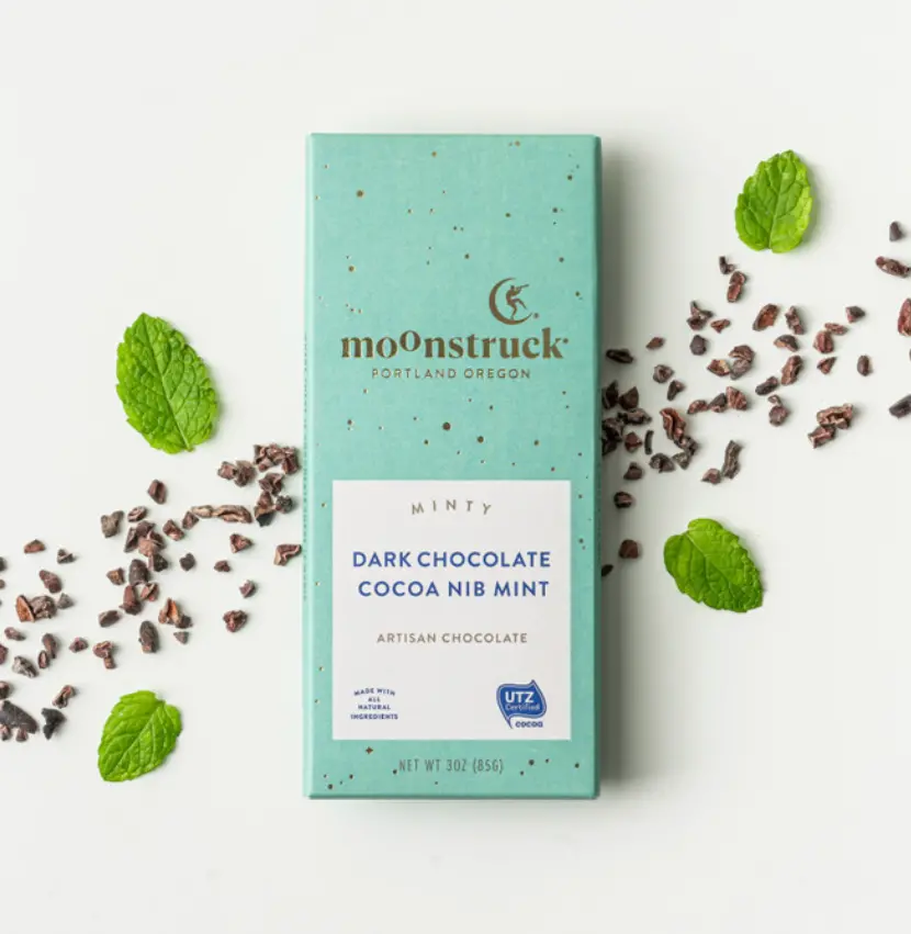Minty Dark Chocolate Cocoa Nib Mint Bar - Moonstruck Chocolates 1