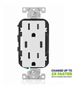 30W (6A) Usb Dual Type-C/C Power Delivery Wall Outlet Charger With 15A Tamper-Resistant Outlet 1