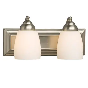 Barclay Two-Light Vanity Fixture, Brushed Nickel, Satin White Glass, 100W, 14"W, Dimmable, Elegant Design 1