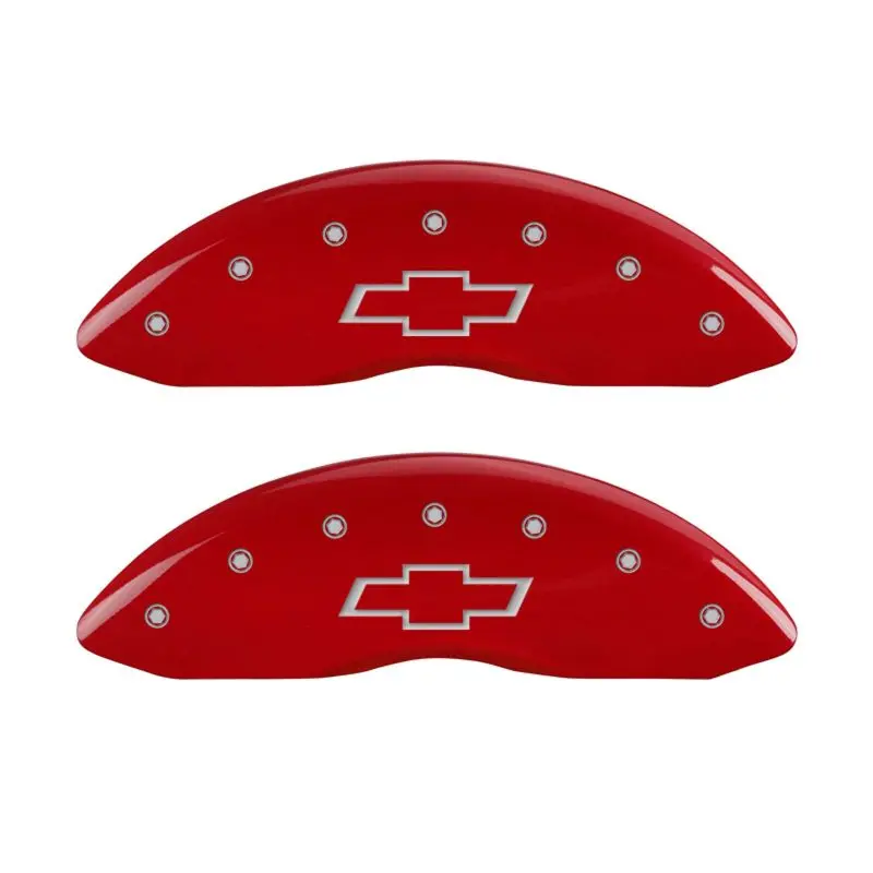 Mgp Engraved 4-Piston Caliper Covers – Front & Rear, Bowtie Logo, Red Finish With Silver Accent 1