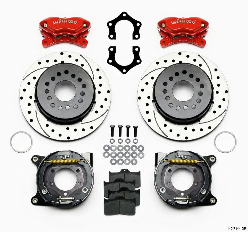 Wilwood Forged Dynalite Power Brake Kit – Drilled Red Calipers With Snap-Ring Bearings For Mopar/Dana Axles (2.36" Offset) 1