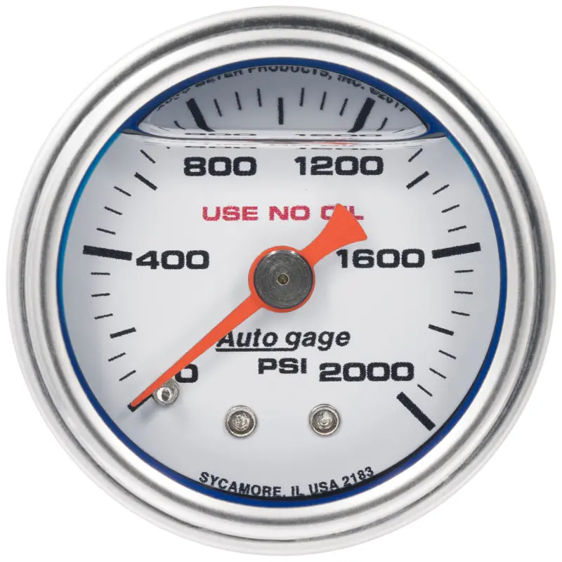 Autometer Autogage 1.5-Inch Liquid-Filled Mechanical Fuel Pressure Gauge – 0–2000 Psi, White Dial 1